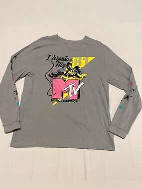 MTV I Want My MTV Astronaut Moonman Grey Long Sleeve Graphic Tee L